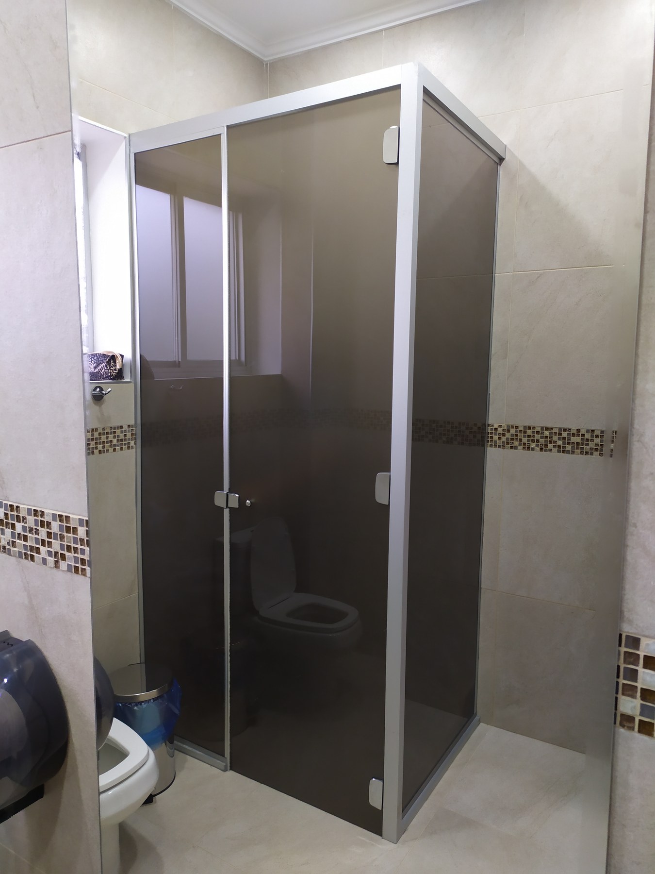 Box de ducha con vidrio gris y perfilería blanca en baño con guarda de mosaicos · MÁS VIDRIOS