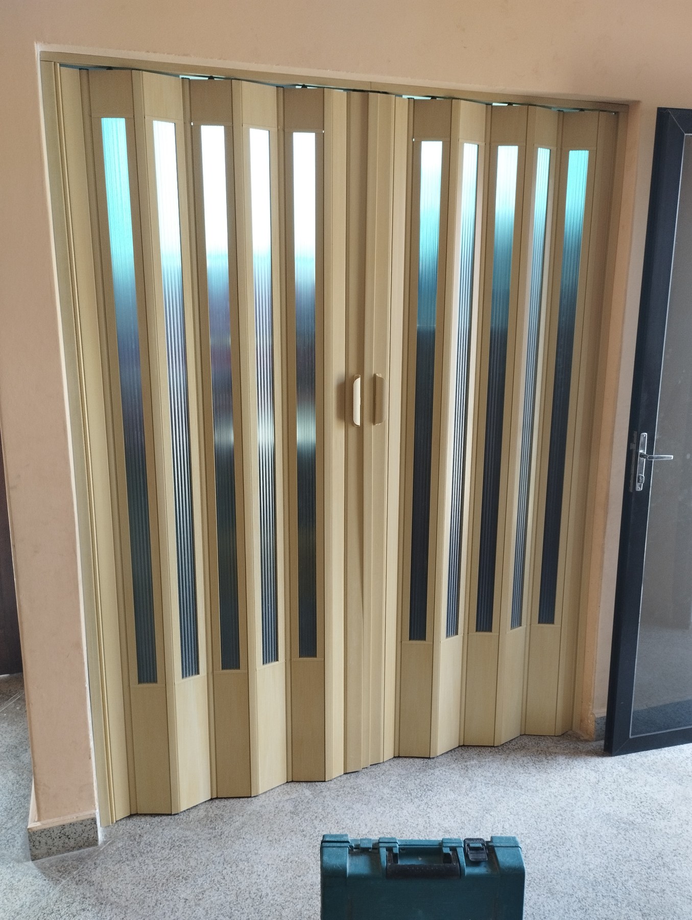 Puerta plegadiza de PVC beige con paños traslúcidos cerrada en el acceso de una sala · MÁS VIDRIOS